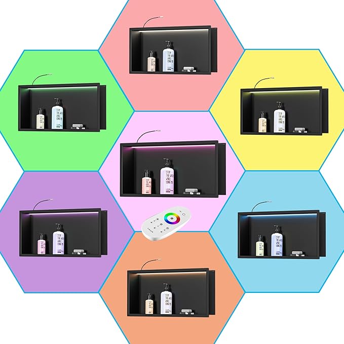 RGB LED Light Shower Niche, Matte Black 24X12 in Stainless Steel Recessed Storage with Remote Control, Waterproof No Tile Needed Wall Niche for Bathroom Storage Built-in Installation