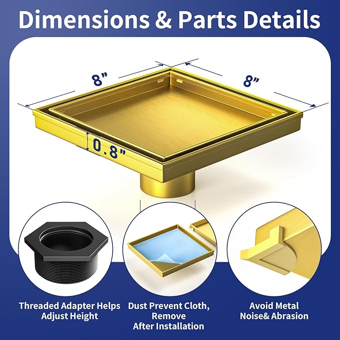 Square Shower Drain 8", Brushed Gold Floor Drain with Tiled Insert Grate & Hair Strainer, 304 Stainless Steel Bathroom 2-in-1 Tiled in Drain, CUPC Certified (Brushed Gold, 8'')