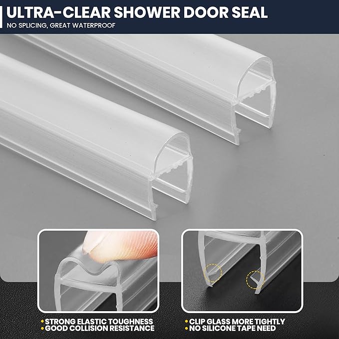 Shower Glass Door Side Seal, 2PCS 78 Inch Ultra Clear U-Shape PVC Seal Strip, for 1/4"(6mm) Thick Frameless Glass Door, to Stop Water Leakage