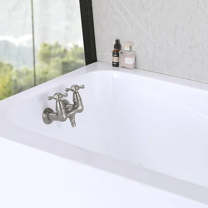 SUMERAIN Vintage Tub Faucet Wall Mount Tub Filler 3-3/8-Inch Center Two Cross Handles Brushed Nickel