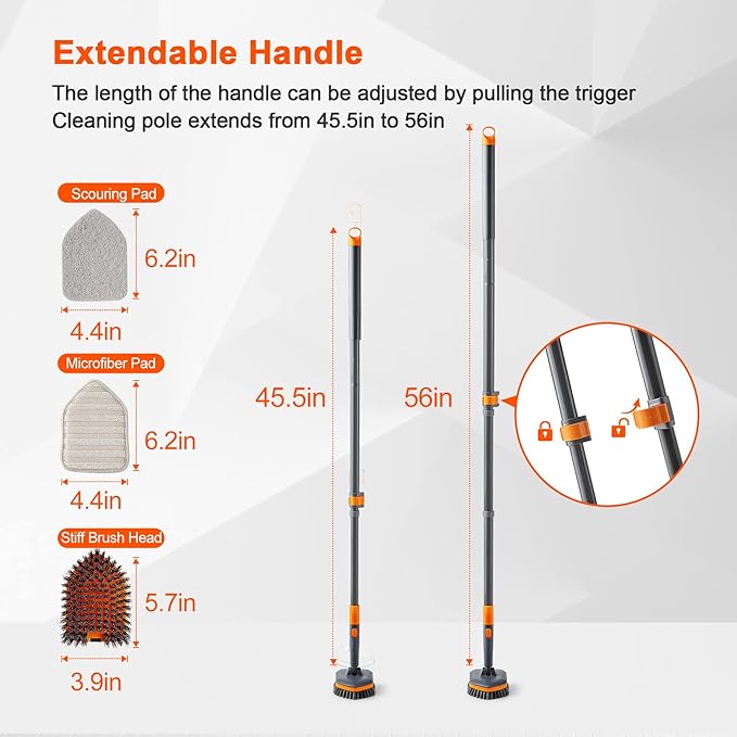 Tile Tub Scrubber Brush with 3 Different Function Cleaning Heads and 56" Extendable Long Handle-No Scratch Shower Scrubber for Cleaning Bathroom Kitchen Toilet Wall,Bathtub,Sink,Grey