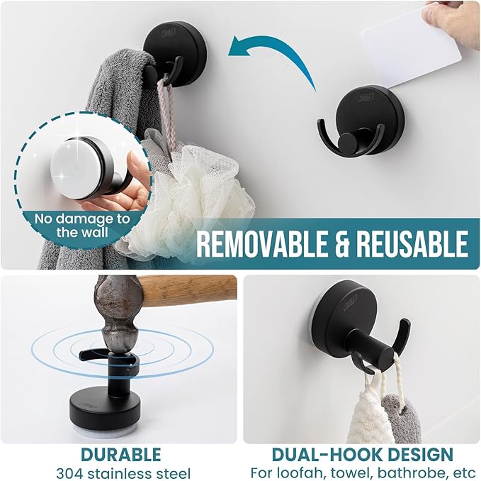 TAILI Stylish 304 Stainless Steel Bathroom Suction Hooks for Towel, Bathrobe, Loofah, No Damage Hanging Glass Shower Wall Hook, Patented Strong Suction Cup Holder, Hold Up to 11 Lbs, U-Cylinder Black