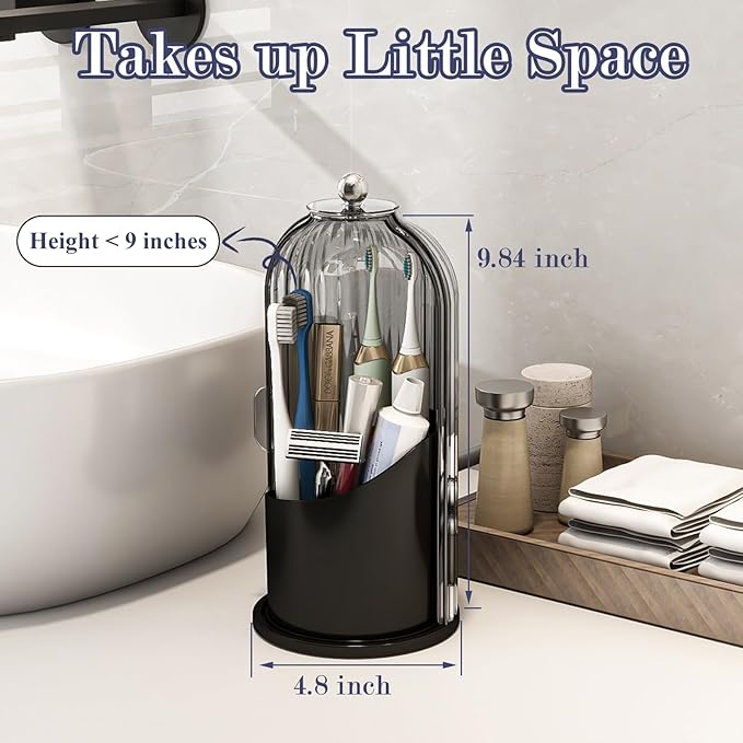 Dustproof Toothbrush Holders with Cover, Rotating Electric Toothbrush and Toothpaste Holder for Bathroom Countertop, 3 Slots Makeup Brushes Organizer, Grey Black