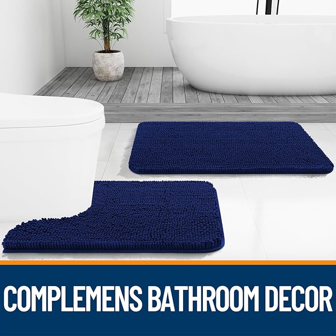 OLANLY Bathroom Rugs Sets 2 Piece, Soft Absorbent Chenille Bath Mats and U-Shaped Contour Toilet Mat Area Rug Set, Machine Washable Bath Carpet, Home Decor Accessories(30"x20"+24"x20", Navy)