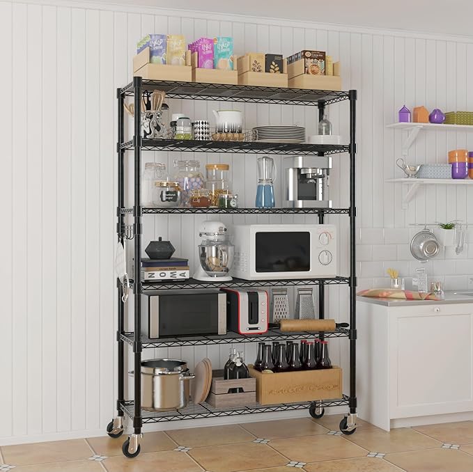 6 Tier Storage Racks Shelving, Heavy Steel Pantry Shelves, Adjustable Wire Shelving Rack with Wheels, Suitable for Garage, Kitchens, Bathroom, Offices, 46" W x 17.7" D x 82" H, Black
