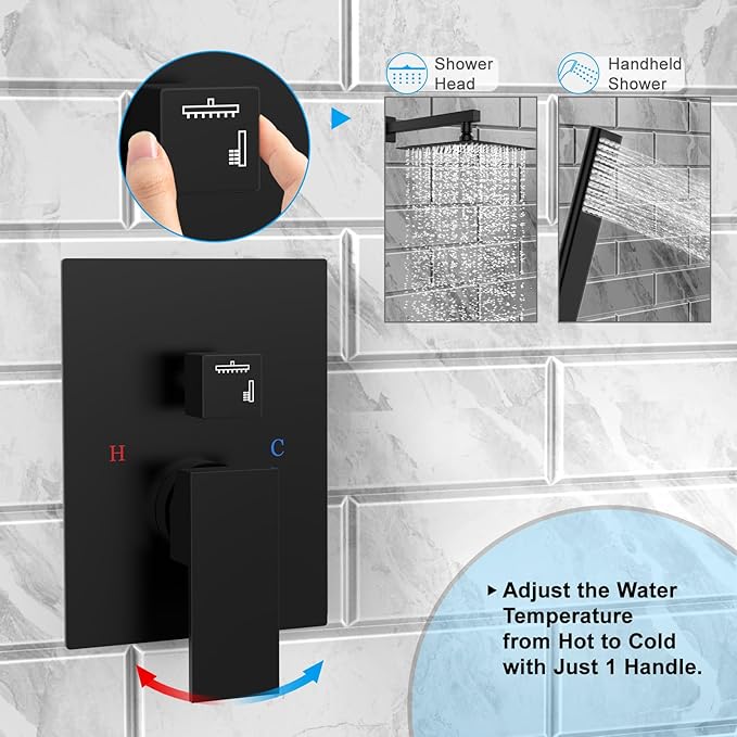 EMBATHER Shower System, High Pressure Wall Mounted Shower Faucet Set Complete 10 Inch Matte Black (Contain Rough-in Valve & Trim)