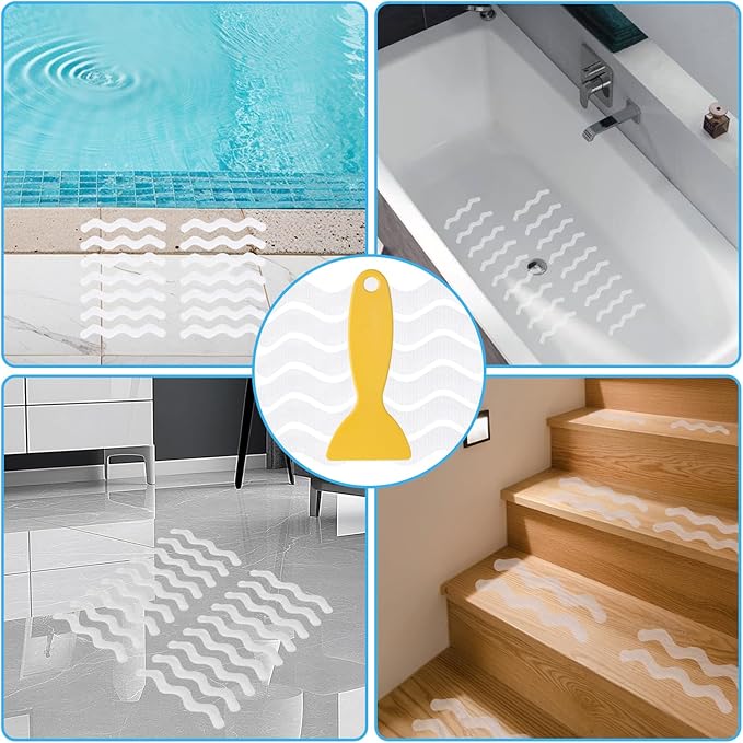 24pcs Anti Slip Shower Stickers, Non Slips Shower Strips with Premium Scraper, Clear Wave-Shaped Bathtub Non Slip Stickers for Bath Tub Showers Stairs Non-Slip
