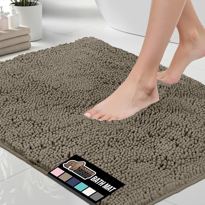 GORILLA GRIP Bath Rug Mat 36x24, Thick Soft Absorbent Chenille, Quick Dry Microfiber Mats, Rubber Backing Washable Shower Floor Rugs, Bathmat Runner, US Designed Bathroom Home Decor Accessories Latte
