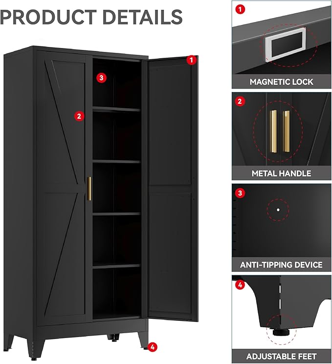 71" Metal Storage Cabinet - 5-Tier Heavy-Duty Pantry Cabinet with Adjustable Shelves & Barn Doors for Kitchen Garage, Black