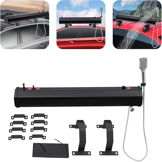 TFCFL 7.93 Gallon Roof Rack Mount Road Shower, High Pressure Outdoor Camping Shower with Long Hose, Portable Camping Solar Shower for Camping, Hiking, Beach, Pet & Gear Cleaning, Black
