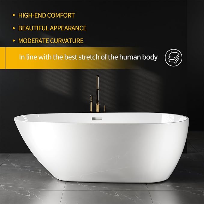 Bathtub with Upturned Ends, CUPC Chrome Drain and Overflow, White Interior and Black Exterior, Built-in Overflow, Fiber-Coated Fixing Bracket
