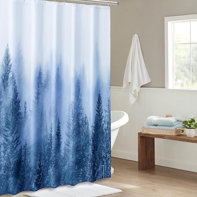 ORTIGIA 84 Inch Long Blue Misty Forest Shower Curtain for Bathroom, Nature Woodland Shower Curtain Set with Hooks, Decorative Pine Tree Fog Magic Bath Curtain, Waterproof Fabric, Weighted, 72x84