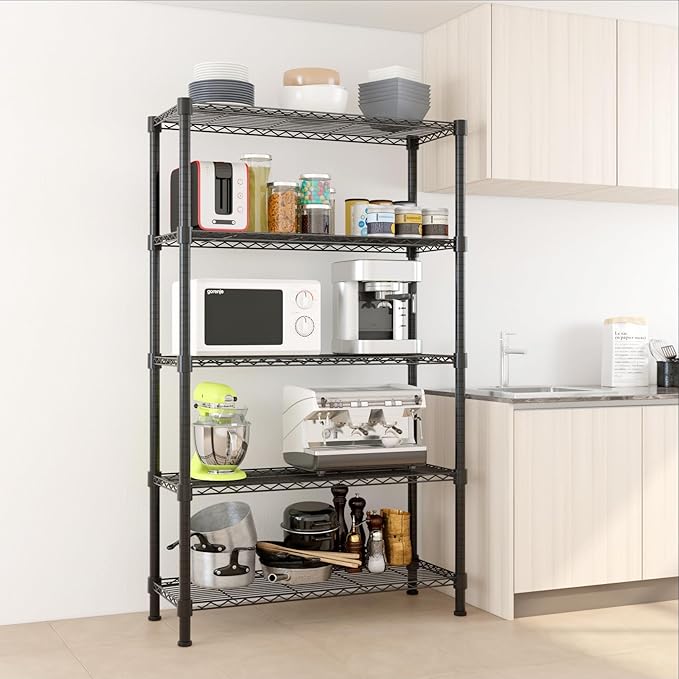 5 Tier Storage Racks Shelving, Heavy Steel Pantry Shelves, Adjustable Wire Shelving Rack, Suitable for Garage, Kitchen, Bathroom, Office, 35" W x 14" D x 71" H, Black
