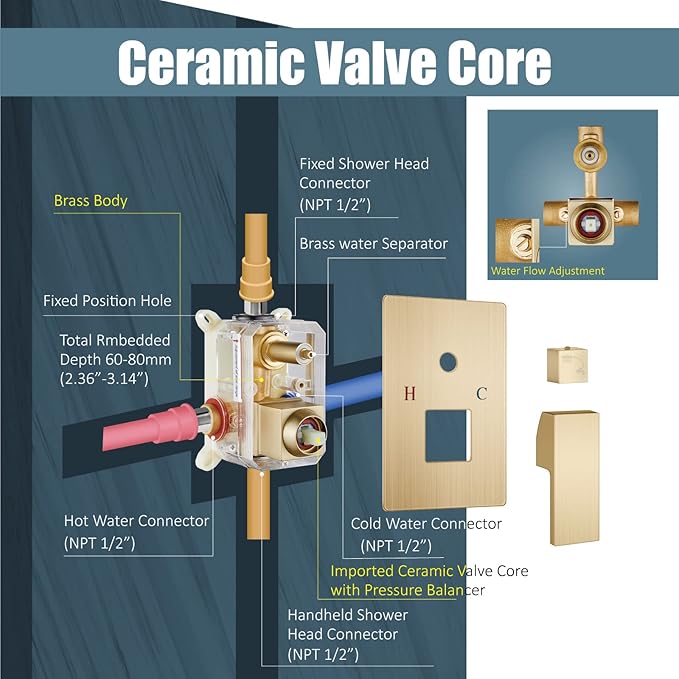 Aolemi Shower Faucet Set Rain Shower System with Handheld Spray Bathroom Shower Combo Rough-in Valve and Shower Trim Kit Included Brushed Gold 12 Inch Wall Mount Shower Head