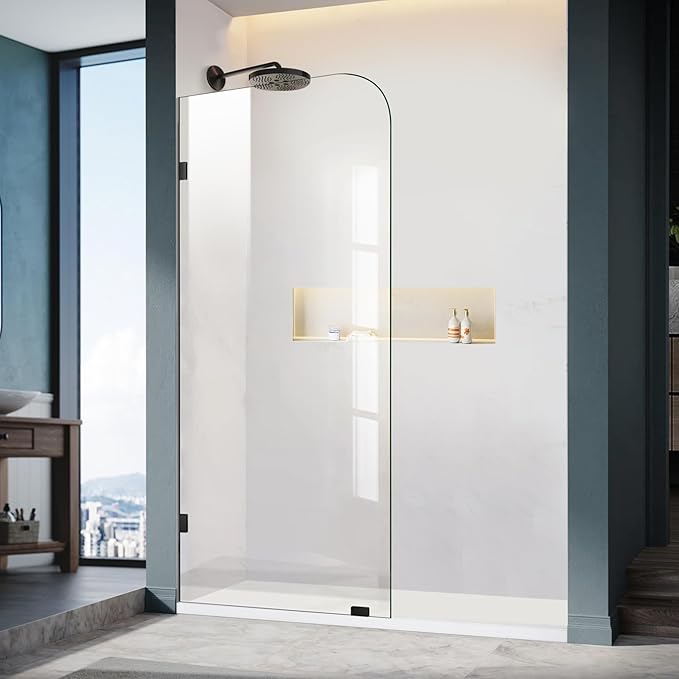 Frameless Shower Door, 36" W ×76" H Fixed Shower Glass Panel with Clamps, 5/16"(8mm) Glass Shower Doors, Clear Tempered Bathroom Shower Screen in Matte Black