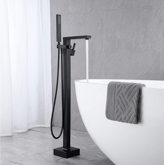 Freestanding Bathtub Faucet Tub Filler Black Floor Mount Bathroom Faucets Brass Single Handle with Hand Shower