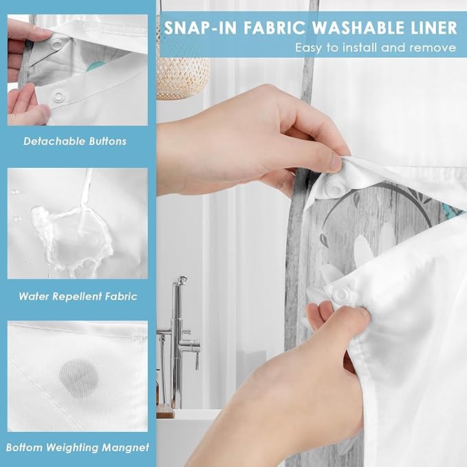 No Hook Flower Daisy Shower Curtain with Snap in Fabric Liner Set, Gray Wooden Boards Double Layers Waterproof Fabric with See Through Top Window Open Grommet Bath Curtain 71x74 Inch