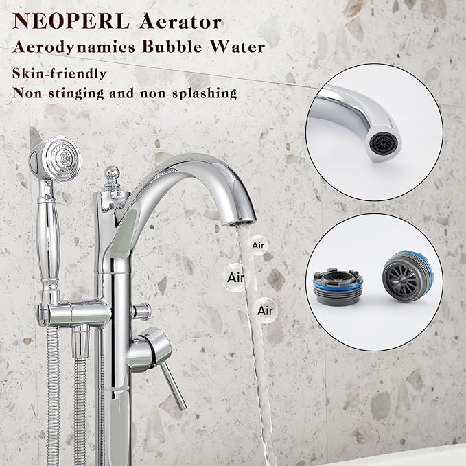 Free Standing Tub Faucet, Classic Freestanding Bathtub Faucet with Vintage Hand Shower Brass High Flow Rate Floor Mount Tub Filler Swivel Spout Soaker Tub Faucets Polished Chrome (WT-9002CP)