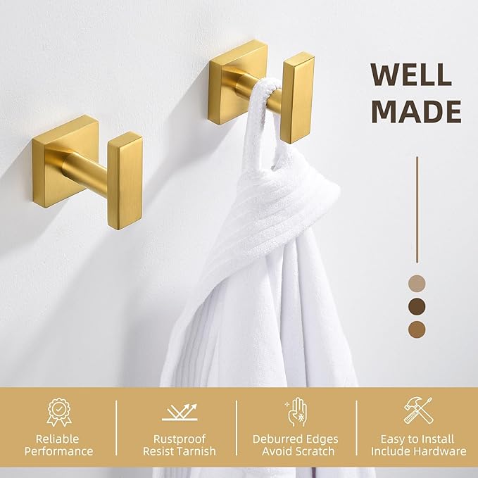 Angle Simple Towel Hooks for Bathroom, SUS 304 Stainless Steel Square Robe Coat Wall Hooks, Hand Towel Holder, Brassy Gold, 2 Pack