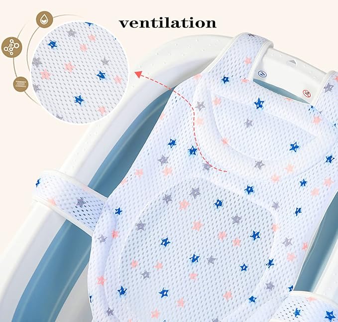 Baby Bath Seat Support Net Soft Headrest Baby Bath Cushion Pad, Breathable Newborn Infant Bathtub Shower Mesh Mat, Adjustable Shower Pad Portable Anti-Slip Bath Sling 0-18 Months, Stars (No Bathtub)