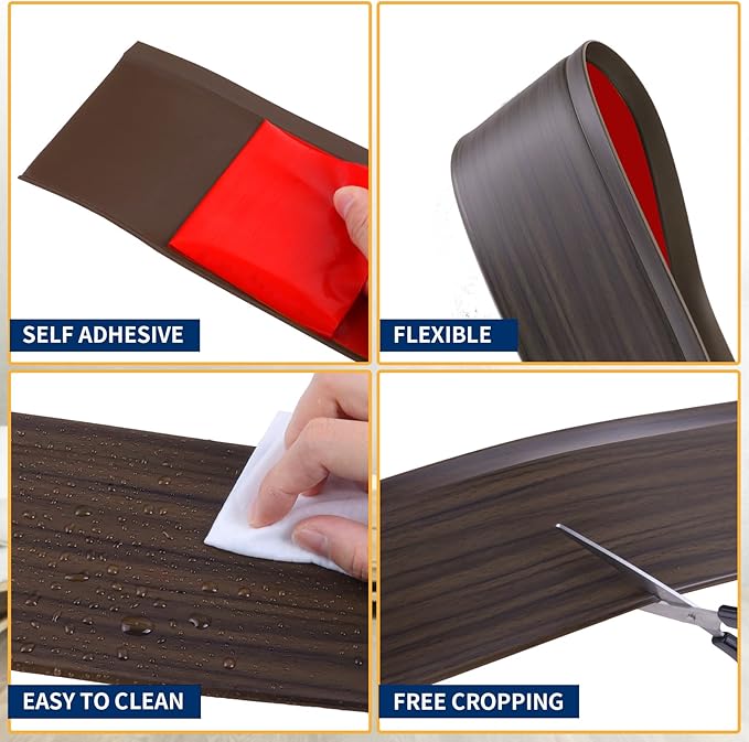 Flexible Baseboard Molding Trim 4 Inch Self-Adhesive Vinyl Wall Base Peel and Stick Cove Base Rubber Wall Baseboard Moulding Trim (60Ft, Brown Oak)