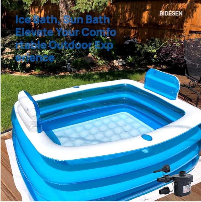 Double Inflatable Bathtub with Electric Air Pump and Bath Pillow Headrest, Portable Blow Up Bath Tub for Adults, Outdoor & Indoor Freestanding Foldable Spa Tub with Drainage Cup Holder
