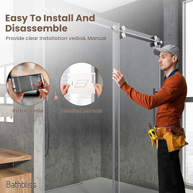 Bathbliss Glass Shower Door 44"-48" Wx76 H,Frameless Sliding Glass Door with 5/16"(8mm) Tempered Glass Shower with Brushed Nickel Finish