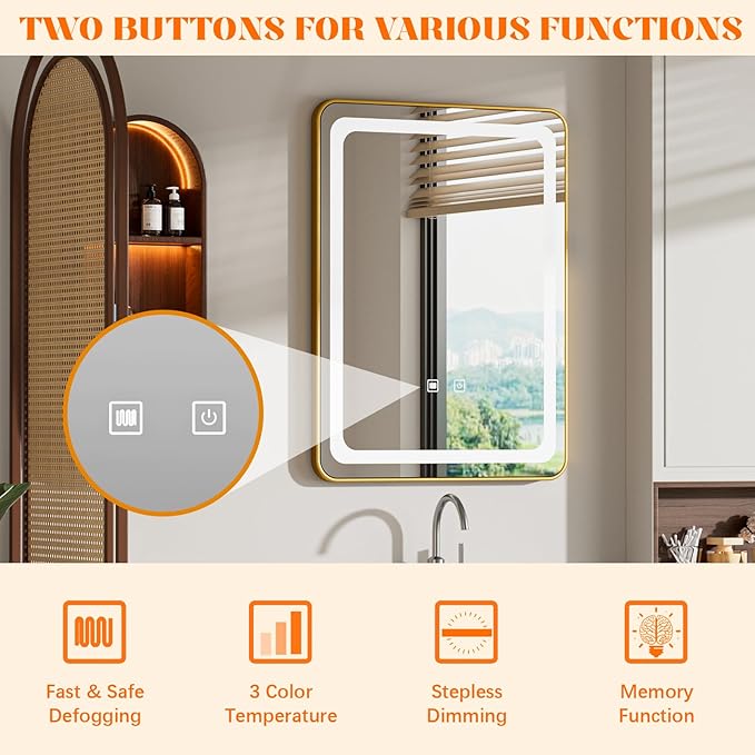 LED Bathroom Mirrors with Lights,24" x 36" Gold Square LED Mirror for Bathroom,Fogless,3 Colors Dimmable, Touch Sensor