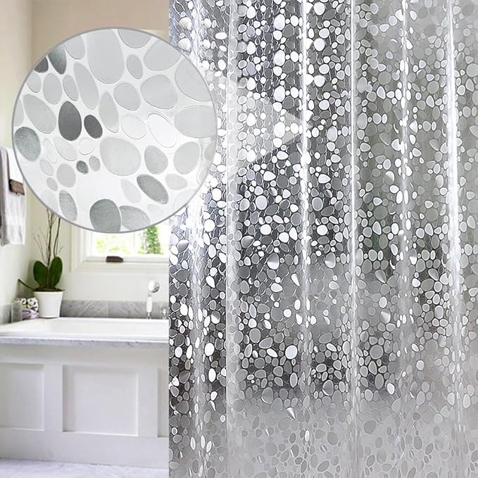 EurCross Stall Shower Curtain Liner for Narrow Small Showers 54 x 72inch, 1.15LB Heavyweight Waterproof Clear EVA Cobblestone Shower Liner with 5 Magnets and Hooks, 9 Metal Holes