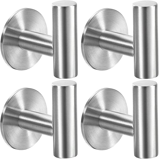 Vuzvuv Adhesive Brushed Nickel SUS304 Stainless Steel Towel Hooks – Heavy Duty Waterproof, Self-Adhesive Coat Robe Hook for Bathroom, Kitchen, Hotel (4-Pack)