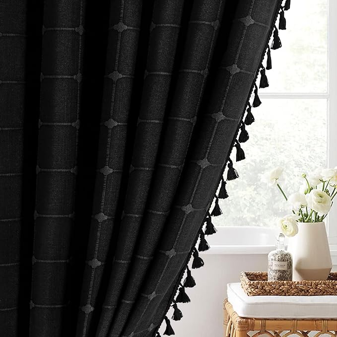 MitoVilla Black Boho Shower Curtains for Modern Bathroom Decor, Farmhouse Polyester Linen Fabric Cloth Shower Curtain with Tassel, 72 x 72