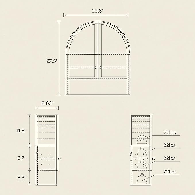 Large Arched Wall Cabinet with Acrylic Door, Wood Wall Mounted Bathroom Cabinet, Modern Hanging Medicine Cabinet with Adjustable Shelf and Open Shelf, Black/Oak