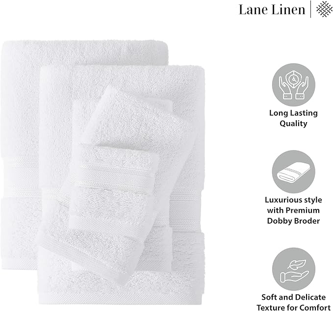 LANE LINEN Towel Set of 6 – 100% Mercerized Cotton, Zero Twist, 2 Large Bath Towel, 2 Hand Towels & 2 Wash Cloths, Quick Dry & Long-Lasting, Perfect for Family Bathrooms, Easy Care – White Towels