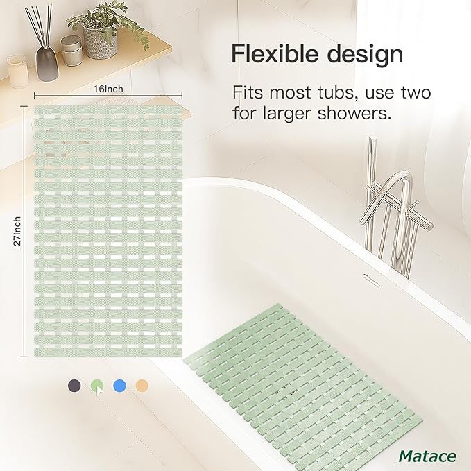 Bathtub Mat Non Slip - for Inside Bath Tub & Shower, Thick & Soft Textured Surface, Fast Drain, No Pooling Water for Better Hygiene, Bathroom Accessories, 27x16 Inch, Sage Green, Matace