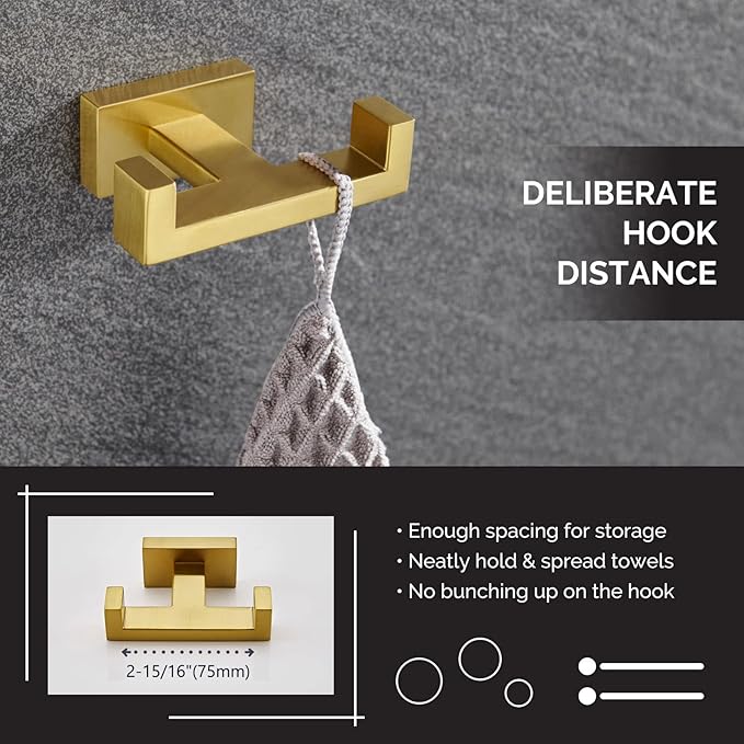 Angle Simple Towel Hook for Bathroom, SUS 304 Stainless Steel Hand Towel Holder, Double Robe Coat Hook for Wall, Brassy Gold