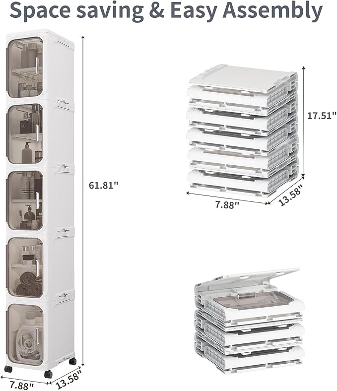 KHNR 5-Tiers Slim Bathroom Storage Cabinet, Foldable Storage Cabinets,Narrow Bathroom Storage,Movable Bathroom Storage Organizer for Small Spaces,Bathroom,Kitchen,Laundry,White