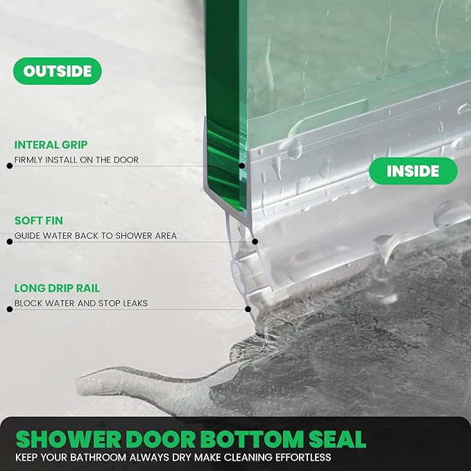 Bathroom Shower Door Seal Strip, 2PCS 36 Inch Shower Door Bottom Seal Strips, PVC Transparent Shower Door Seal Strip for 3/8"(10MM) Frameless Shower Door