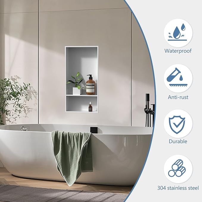 Homevacious 13" X 25" Stainless Steel Shower Niche No Tile Needed Double Shelves White Bathroom Shelf Rimless Recessed Wall Niche for Bathroom Storage