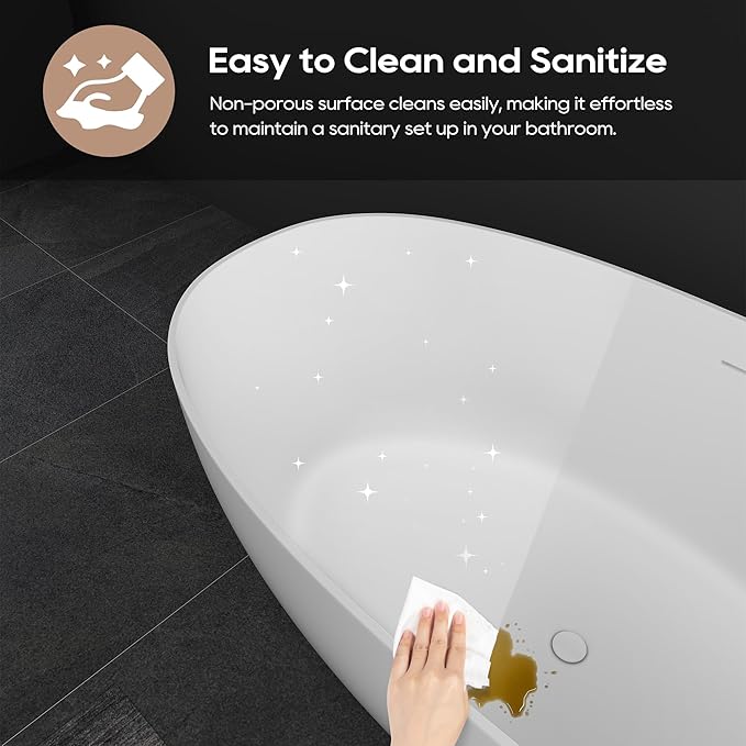 SJ STAR&JANE 59" Freestanding Solid Surface Bathtub, Oval Stone Resin Soaking Tub Stand Alone Tub with Pop-up Drain & Overflow Matte White