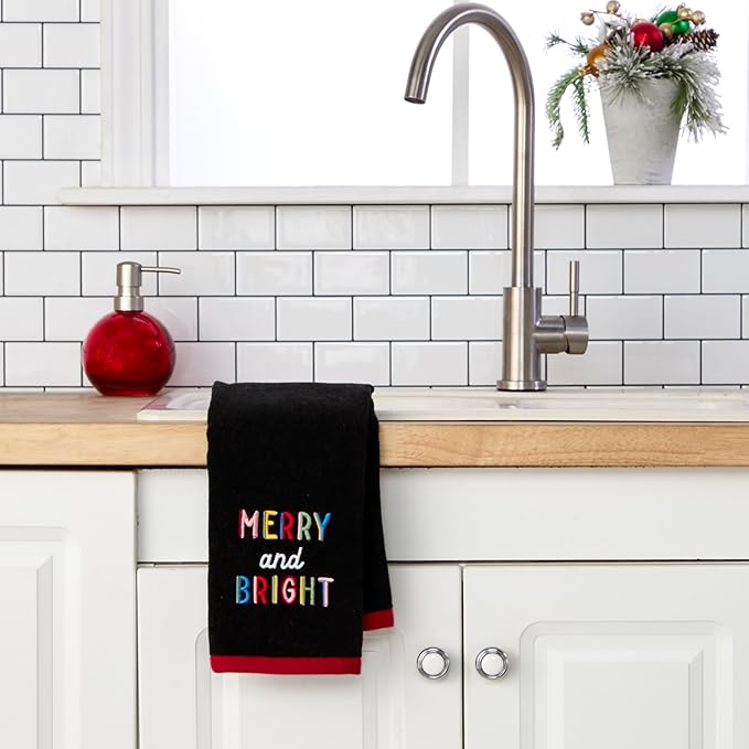 SKL Home Christmas/Winter Rainbow Merry 100% Cotton Embroidered 2pc Hand Towel Set, Decorative for Bath/Kitchen/Bar, Black
