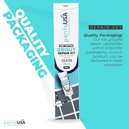 PentaUSA Tile Grout - Large Grout Filler Repairs Renews Tube, Fast Drying Grout Repair Kit, Odorless Formula - Grout Floater Included - 13.4oz / 380gr (White)