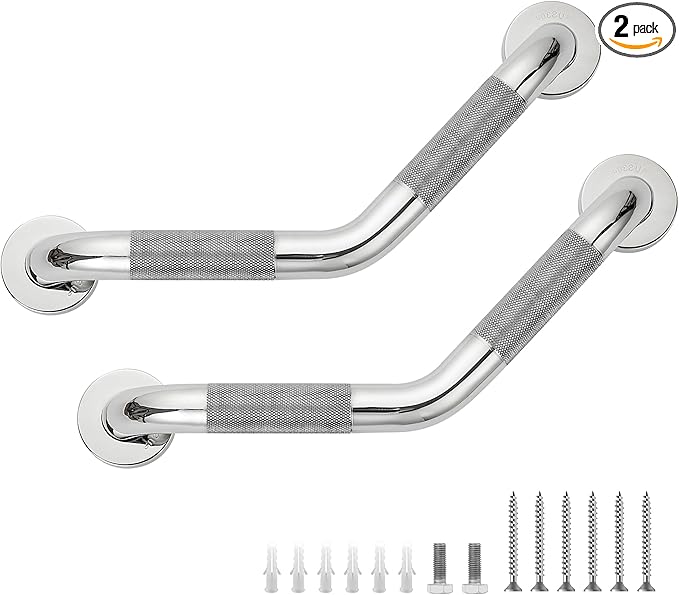 Grab Bars for Bathtubs and Showers- 1-1/4 x 16 Angled Shower Grab Bar for Seniors Knurled Stainless Steel Handicap Grab Bars for Wall (Polished Nickel, 2 Pack)