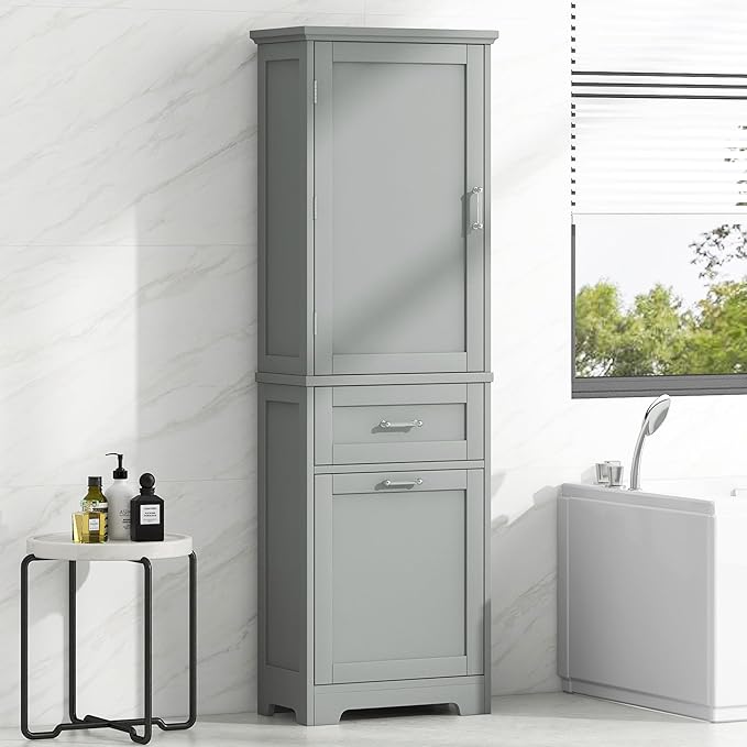 Favfurish 68" Tall Bathroom Storage Cabinet with Door and 2 Drawer,Modern Linen Cabinets w/Adjustable Shelf & Magnetic Door Stopper,Freestanding Organizer for Bath Room,Study,Office,Kitchen Grey