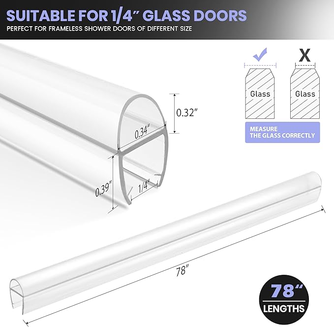 Bathroom Shower Door Seal Strip, 2PCS 78 Inch Shower Door Bottom&Side Seal Strips, U-Type PVC Transparent Shower Door Seal Strip for 1/4"(6MM) Frameless Shower Door
