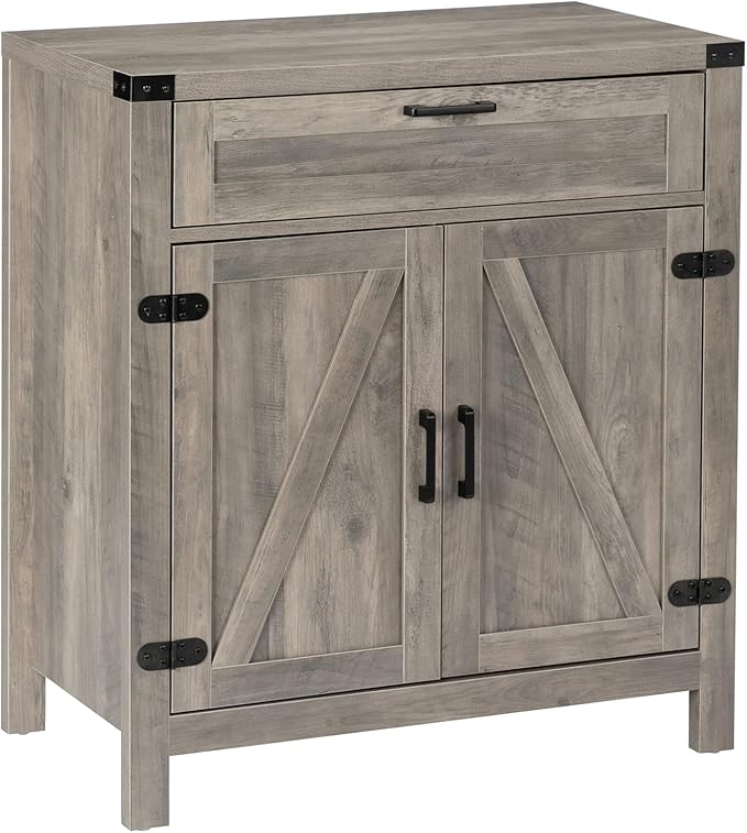 VINGLI Modern Farmhouse Sideboard Buffet Cabinet with Drawer, Storage Cabinet with Doors and Adjustable Shelves, Coffee Bar Station for Kitchen, Dining Room and Living Room, Ash Grey