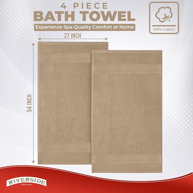 RIVERSIDE 100% Ring Spun Cotton Large Bath Towels Set of 4, 27 x 54 Inches – Quick Dry, Soft & Highly Absorbent Towels for Shower & Bathroom – Luxury 600 GSM Towels for Home, Spa, Gym, Hotel, Tan