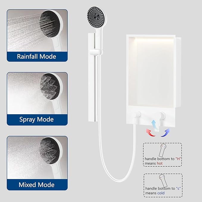 Shower Niche with Round Hand Shower, Sliding Bar and LED Light in Matte White/Vertical