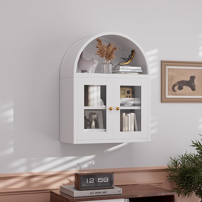 Metal Arched Wall Cabinet,Bathroom Wall Mounted Cupboard,Modern Arched Storage Cabinet with Glass Door and Adjustable Shelf,Space Saver Wall Cabinet,Requires Assembly(White)