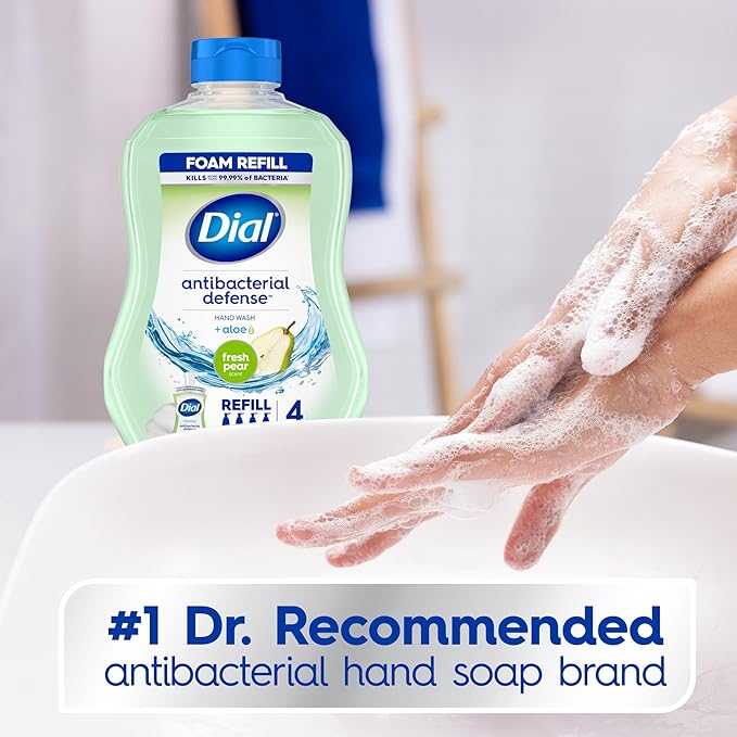 Dial Antibacterial Defense Foaming Hand Soap + Aloe, Fresh Pear Scent, 30 Fl Oz Hand Soap Refill (Pack of 4), Dermatologist-Tested, Gentle on Skin