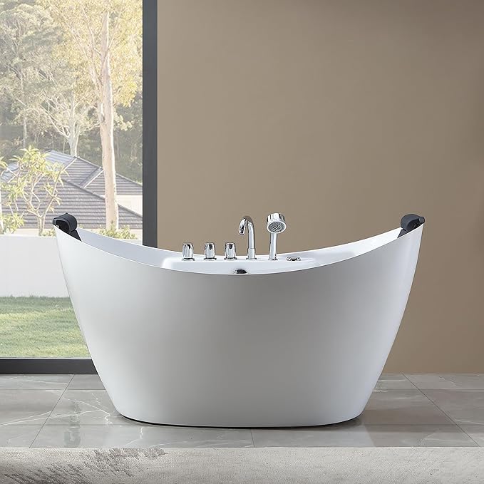 Empava 59" x 28" Freestanding Whirlpool Tub with Center Drain,560W Stand Alone Bathtub with 8 Hydromassage Jets, Unique Boat-Shaped,Acrylic,ETL Certified